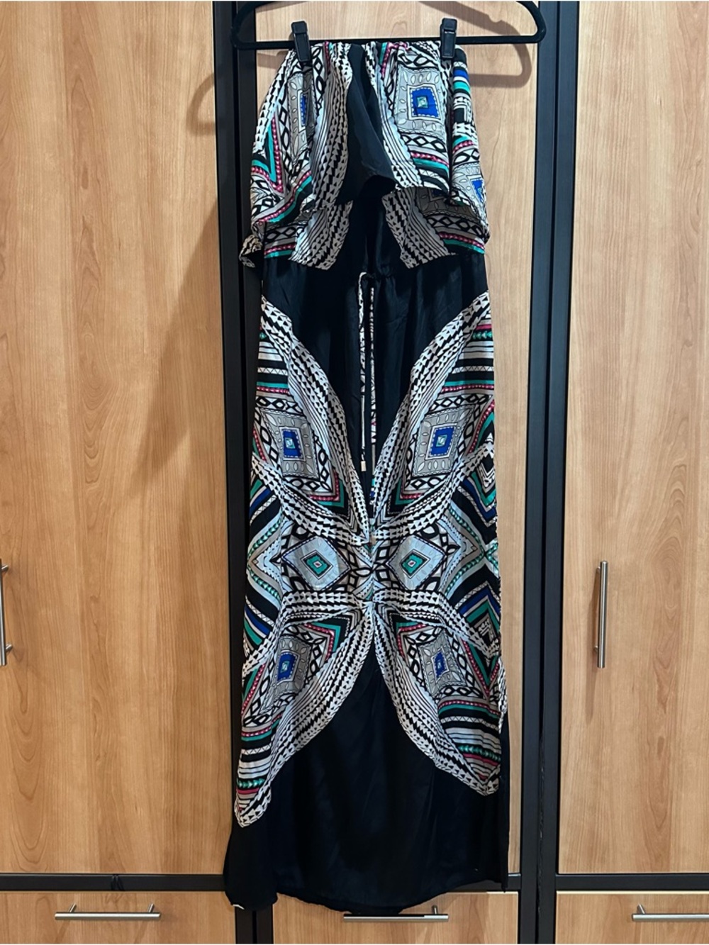 Strapless Black Maxi Dress with Geometric Print